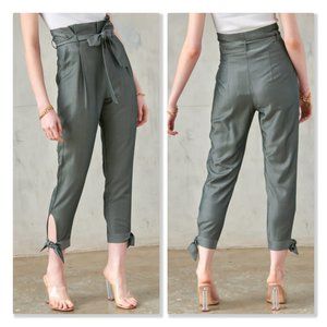 Paperbag Pants With Ankle Tie Detail in Gray Olive